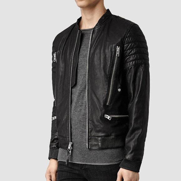 ALL SAINTS MEN'S SANDERSON BLACK LEATHER BOMBER JACKET SIZE XL